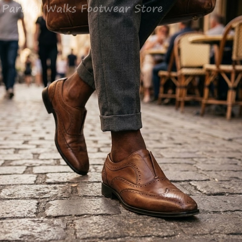 Men Shoes Oxford - Zapatos Brogue de Cuero Marrón para